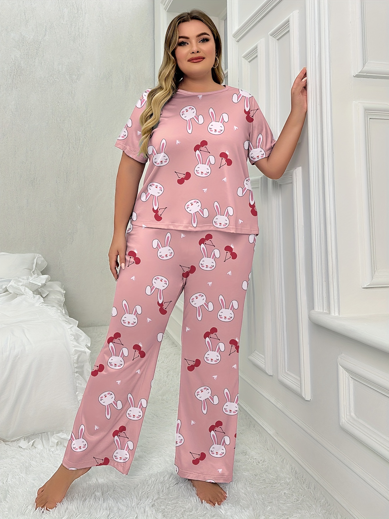 Kawaii Cherries Women's Pajama Pants, Pink With Many Cherries and
