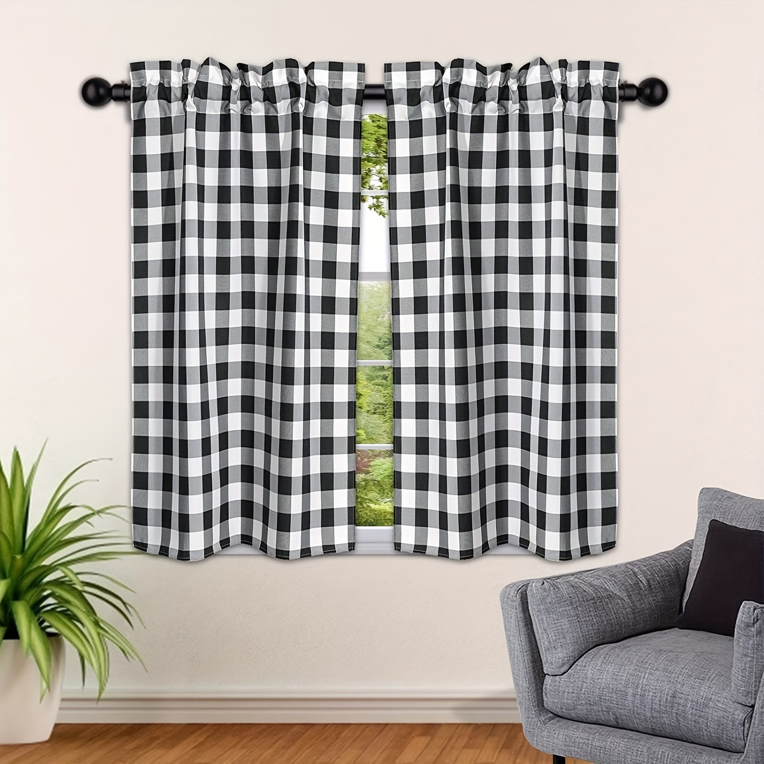 Cortinas cortas de cocina, girasoles de bienvenida en color negro a cuadros  con bolsillo para barra de cortina decorativa para sala de estar