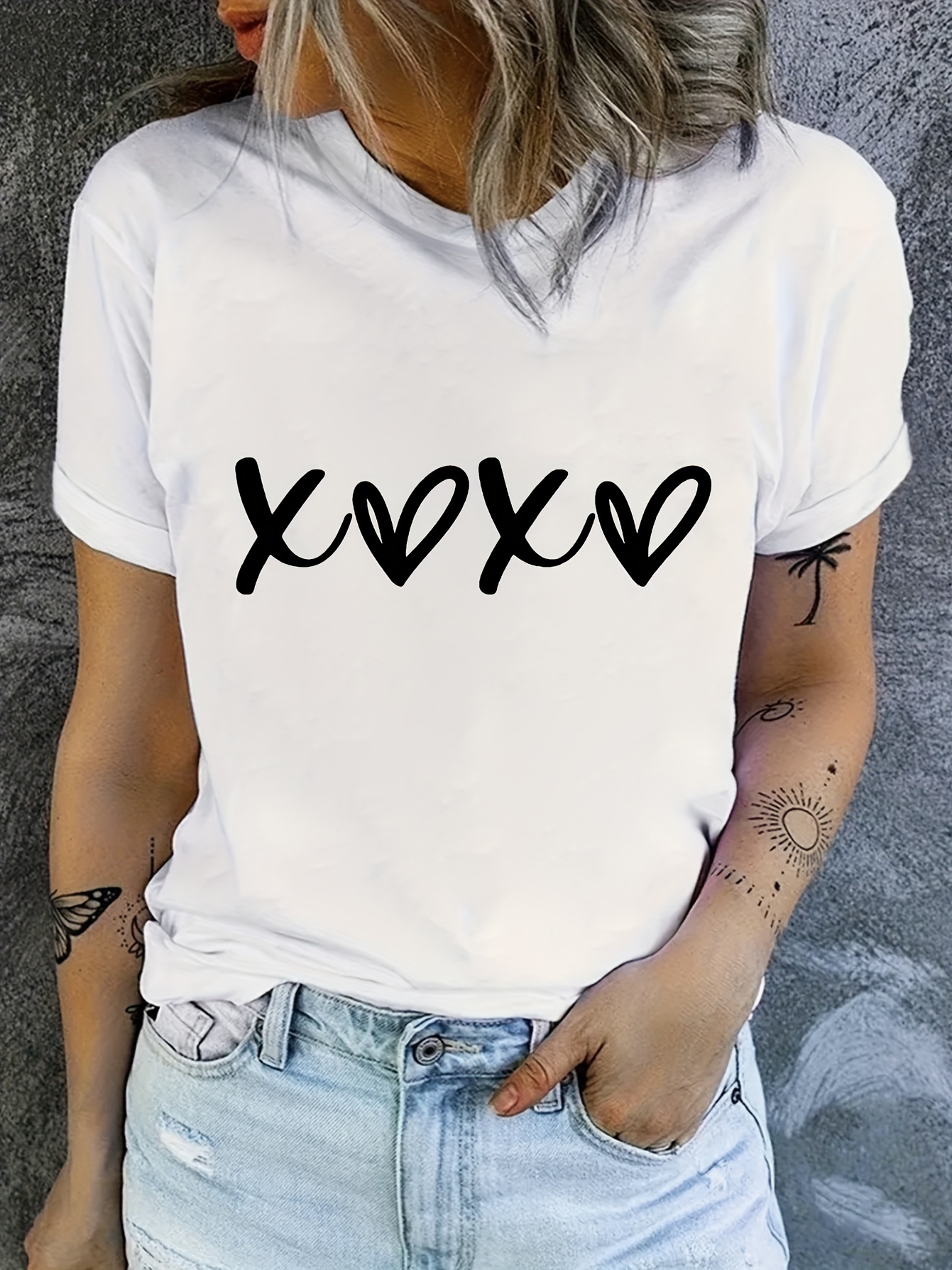 XOXO プリント クルーネック Tシャツ 春夏 カジュアル 半袖 トップス