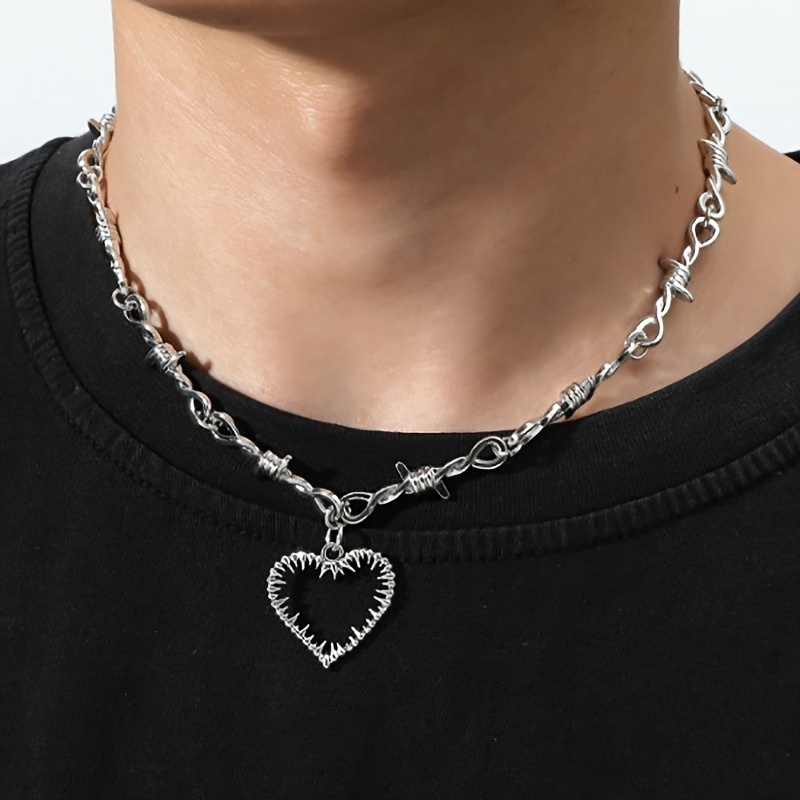Hip Hop Goth Punk Padlock Pendant Barbed Chain Necklace Heart