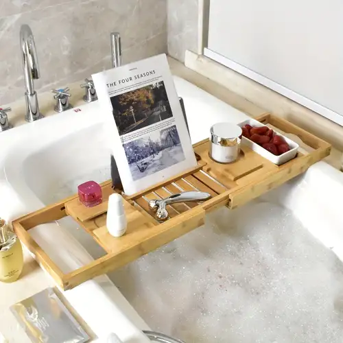 Adjustable Bamboo Bath Caddy Tray With Free Soap Dish - Perfect For Spa,  Reading, And Organizing Bathroom Essentials - Temu