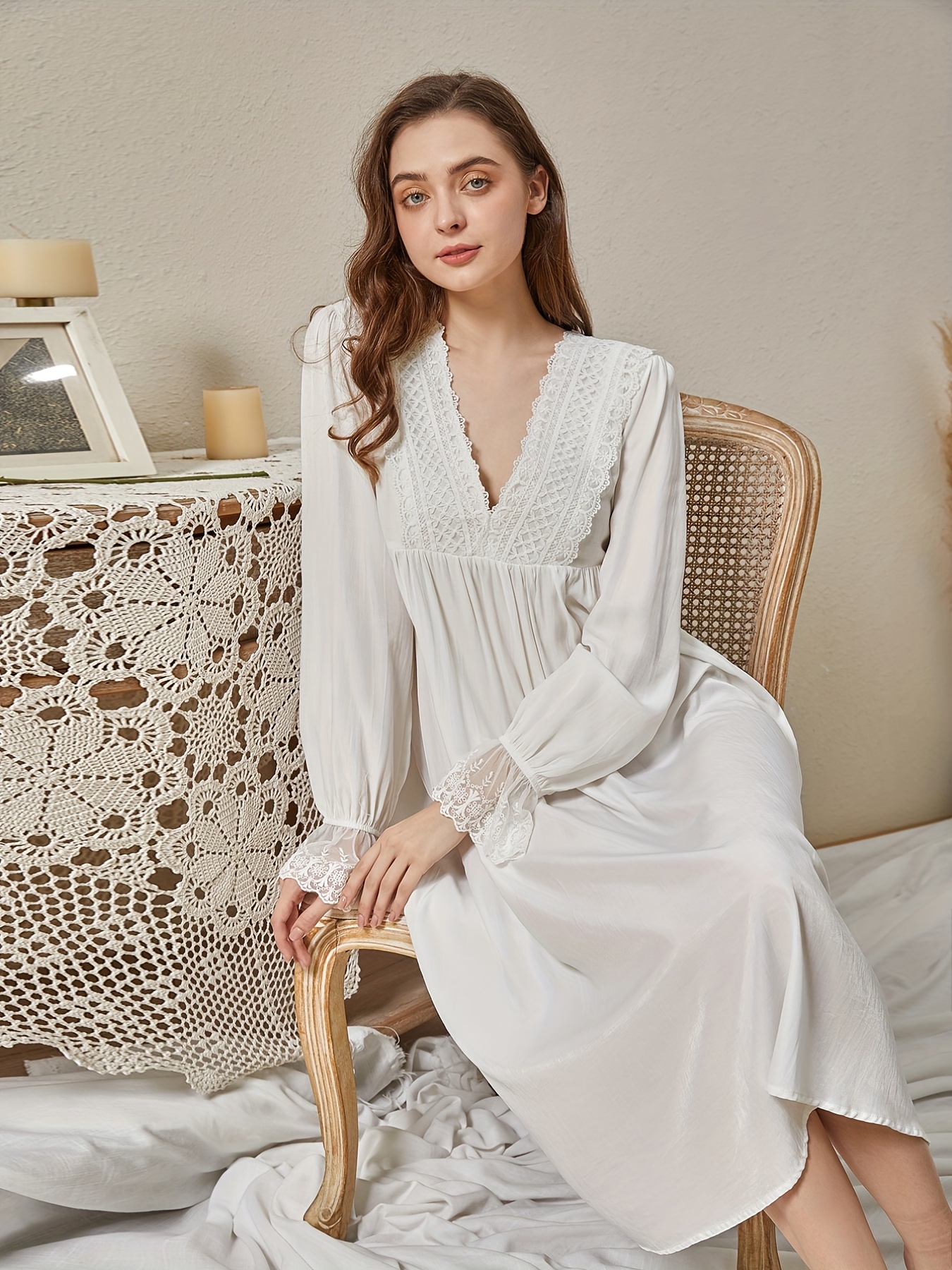 Contrast Lace Nightdress, Elegant V Neck Long Sleeve Princess Sleep Dress,  Women's Sleepwear & Dresses