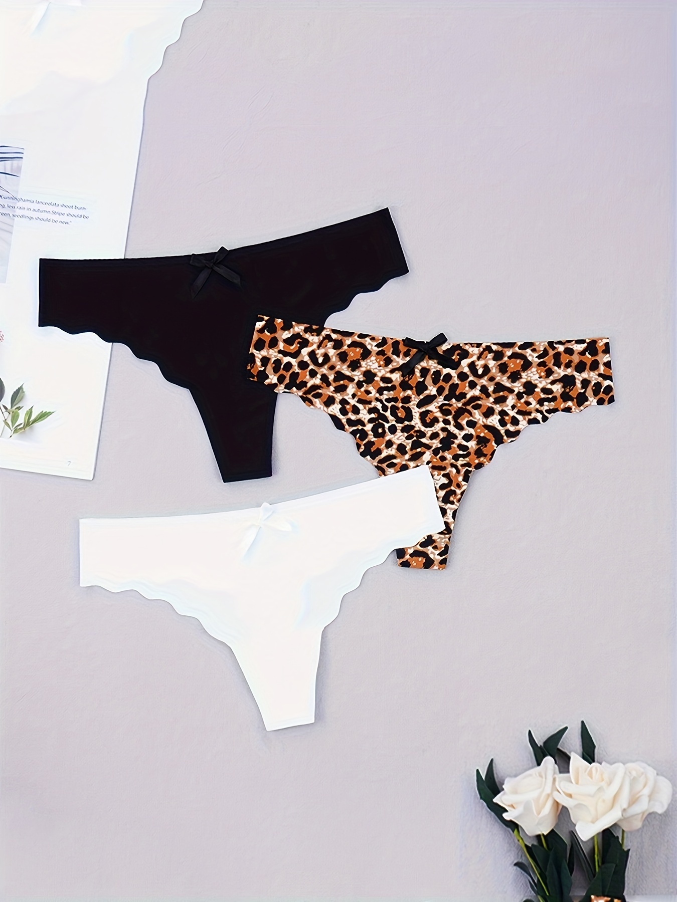 5pcs Scallop Trim Thongs, Soft & Comfy Stretchy Intimates Panties, Women's  Lingerie & Underwear