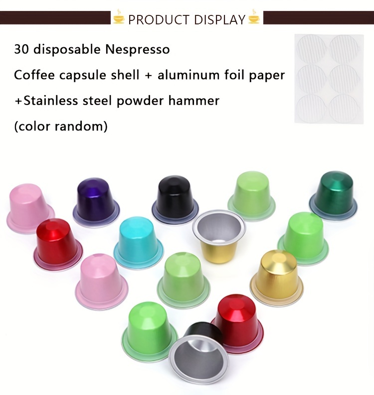 30   pcs disposable coffee capsules espresso filled sealed with rubber ring and sealing sticker and reusable aluminum film and cups details 4