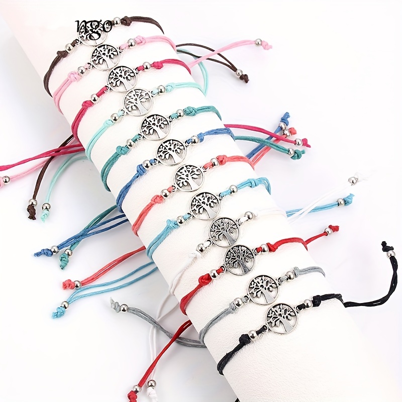 

12pcs/set Silvery Tree Charm Bracelet Set, Cord Bangle Braided Rope Bracelet Jewelry Gifts For Men Women