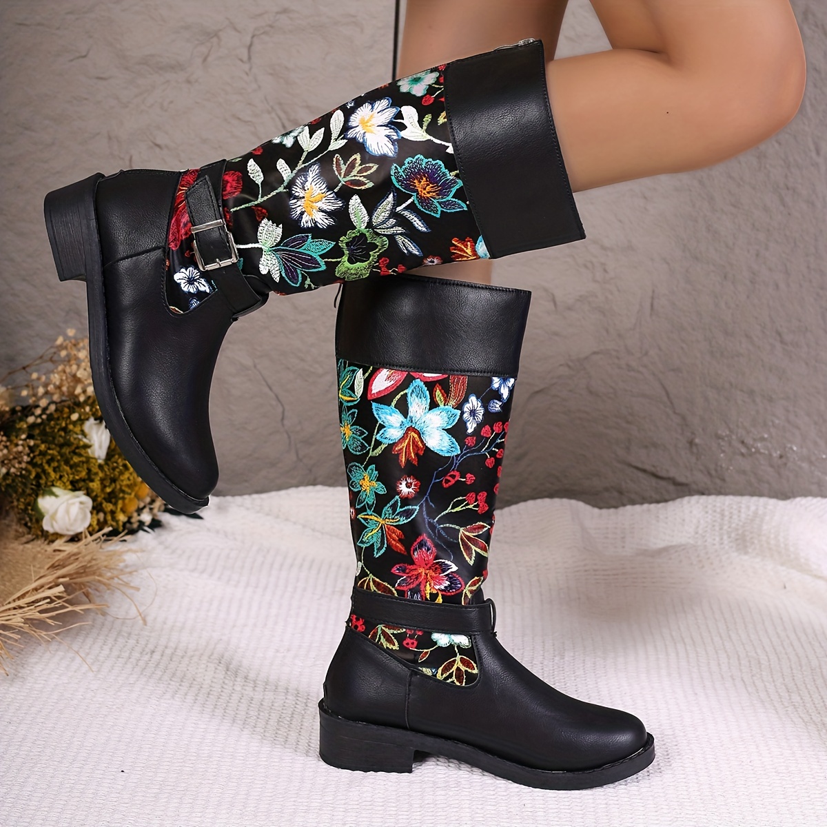 Botas de mujer con estampado floral y acabado de cuero sint tico estilo retro con cierre de cremallera ideales para uso al aire libre