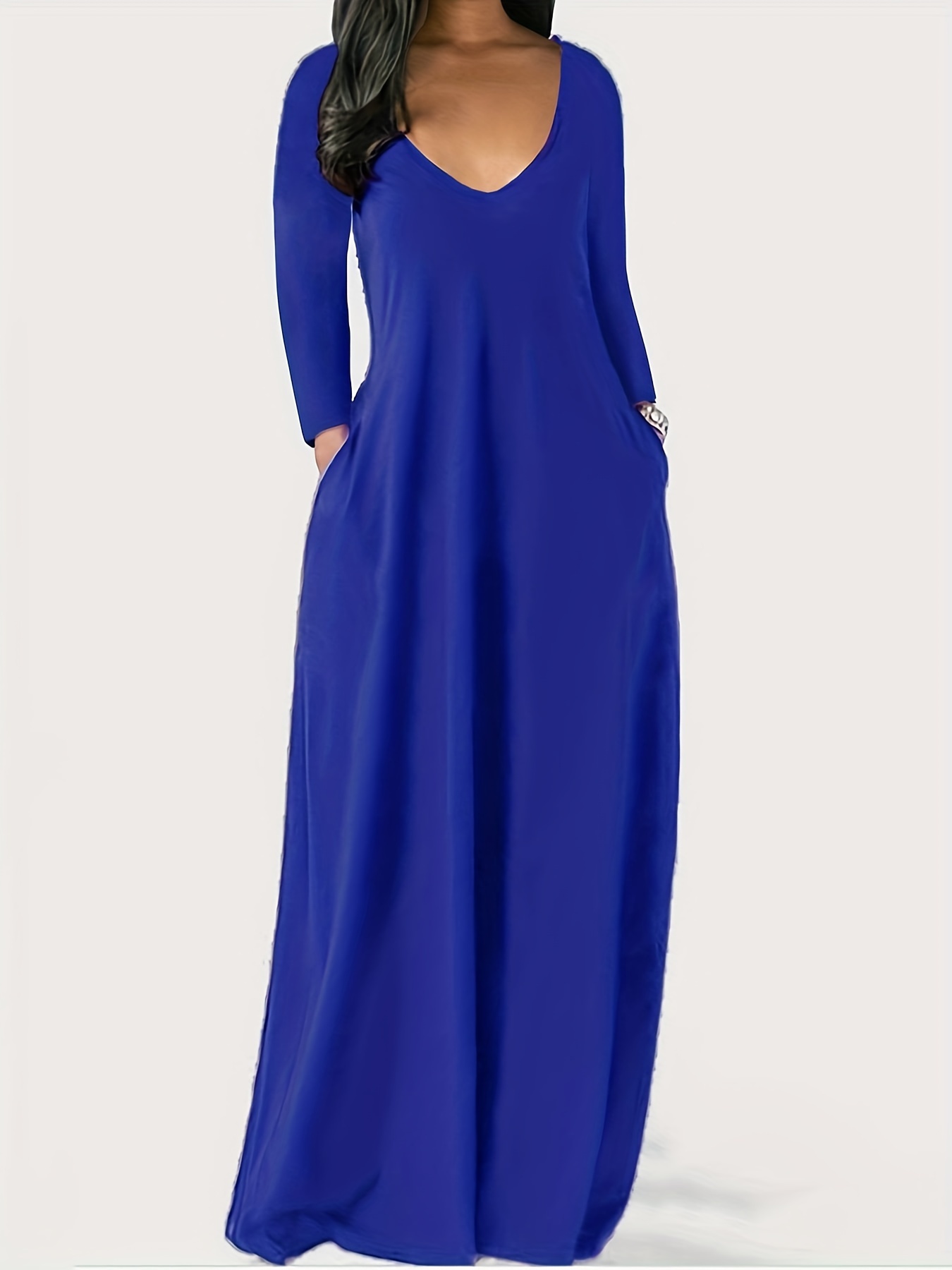 Solid Long Sleeve V Neck Maxi Dress