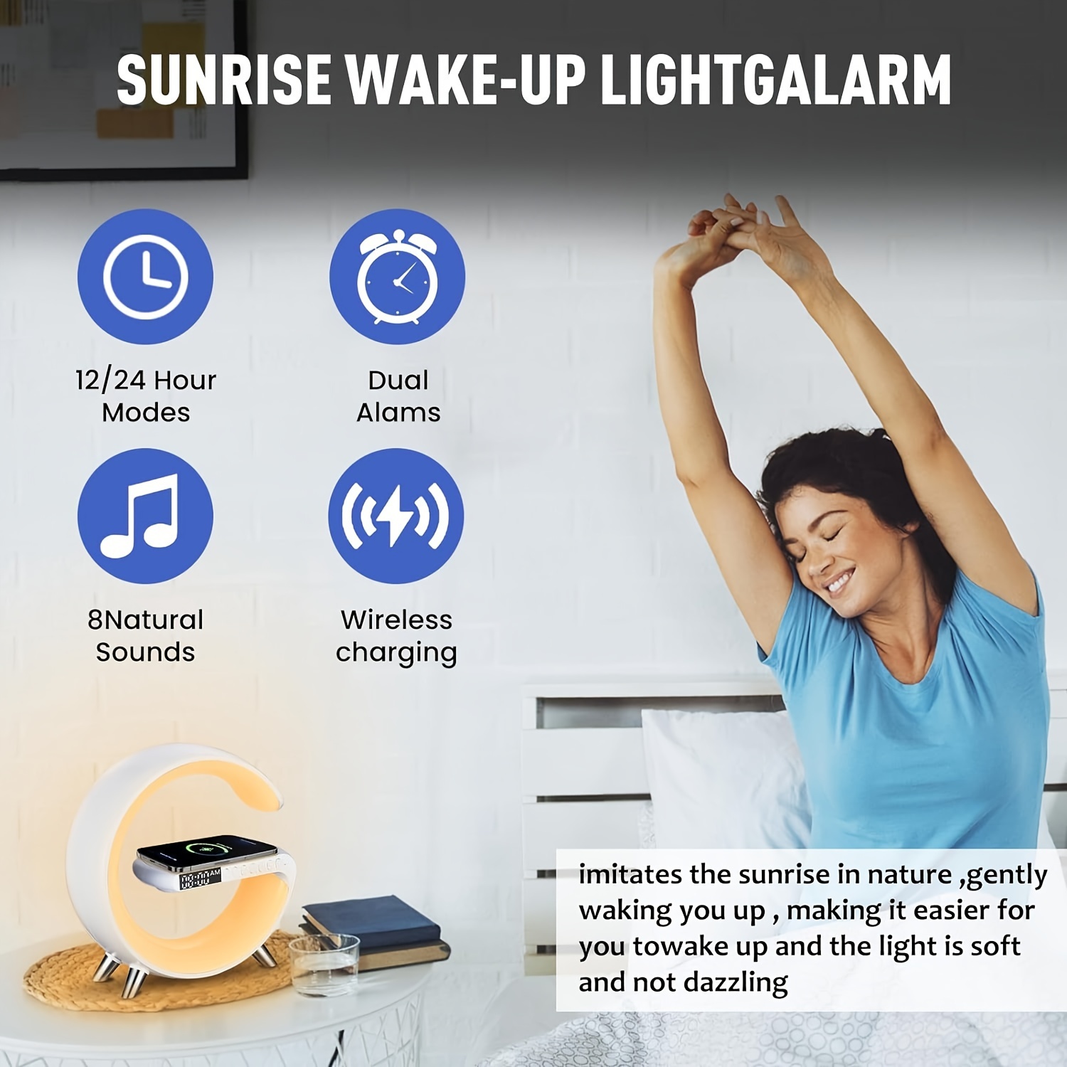 1  functional   clock sunrise wake up light with wireless charger   timer music speaker adjustable colors energy saving and eye   night light for christmas and birthday gift details 5