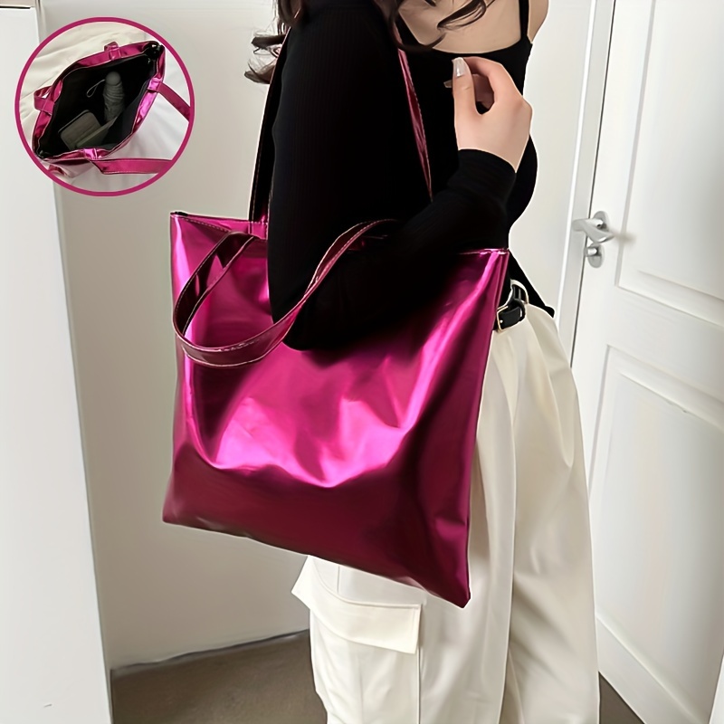trendy glossy tote bag metallic color shoulder bag y2k bright color handbag for street wear
