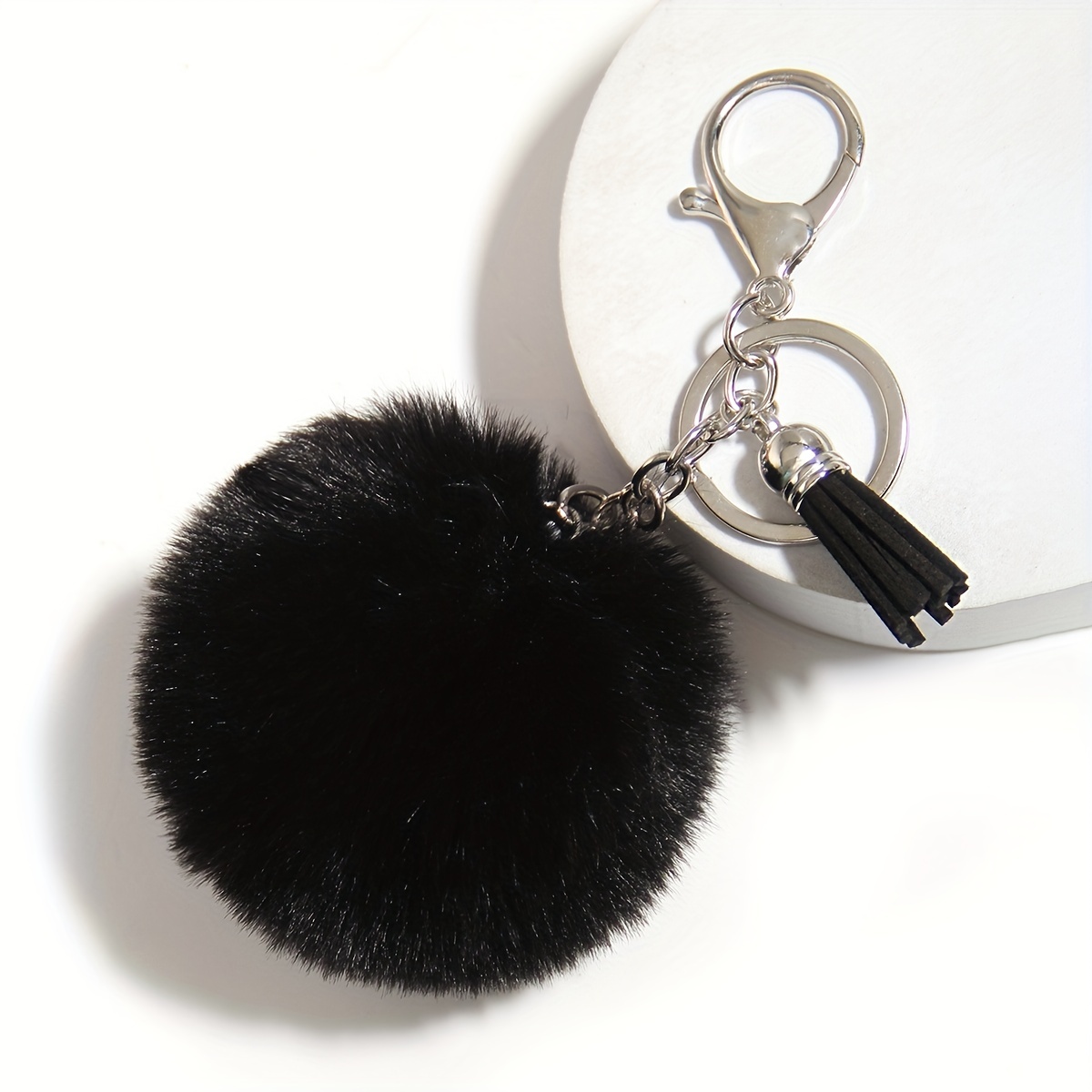 Cute Ball Pom Pom Keychain Women Bag Car Key Chain Charm Pendant (Black)