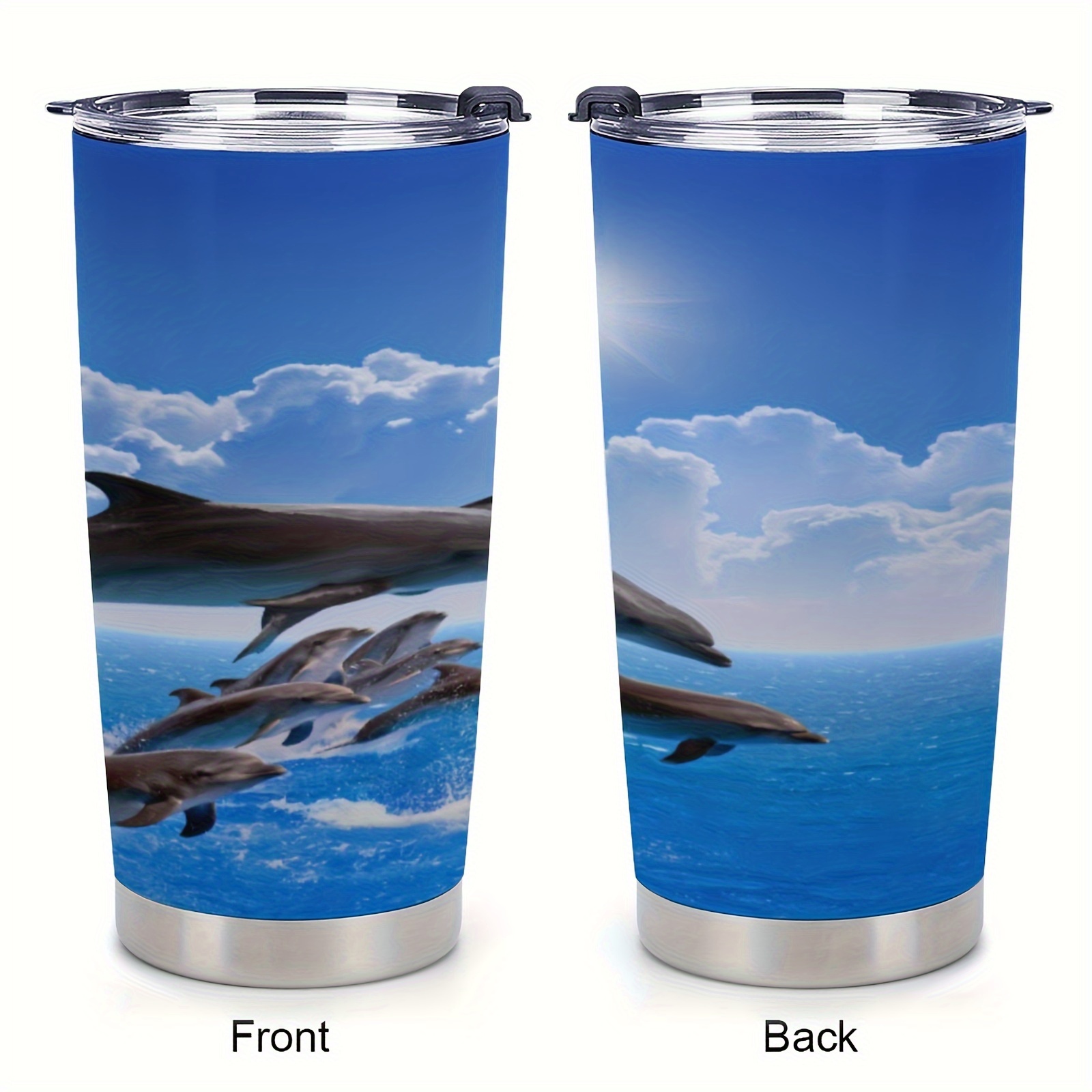 TEMU 1pc 20oz Stainless Steel Car Cup, Dolphin Print Design, Double-walled Vacuum Insulated Travel Coffee Cup With Lid, Gifts For Parents,