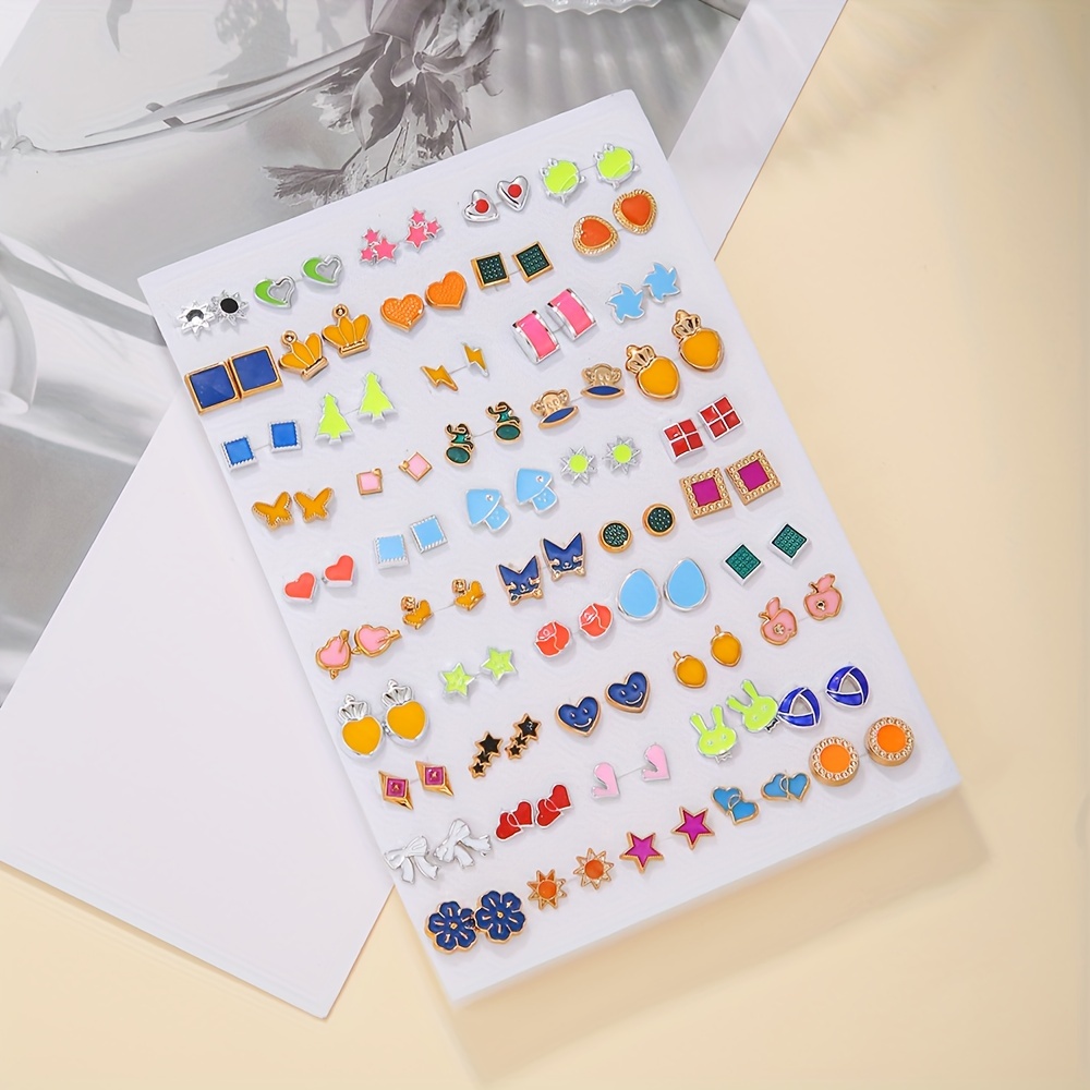 Boho Cartoon Stud Earrings Set Animal & Fruit Designs Colorful Resin