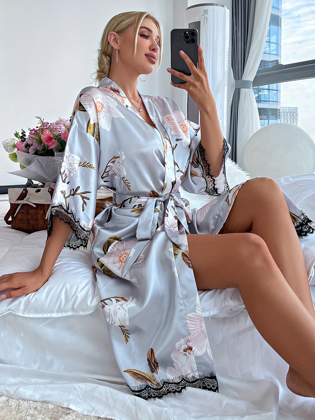 Casual Floral Print Satin Night Robe Long Sleeve V Neck - Temu