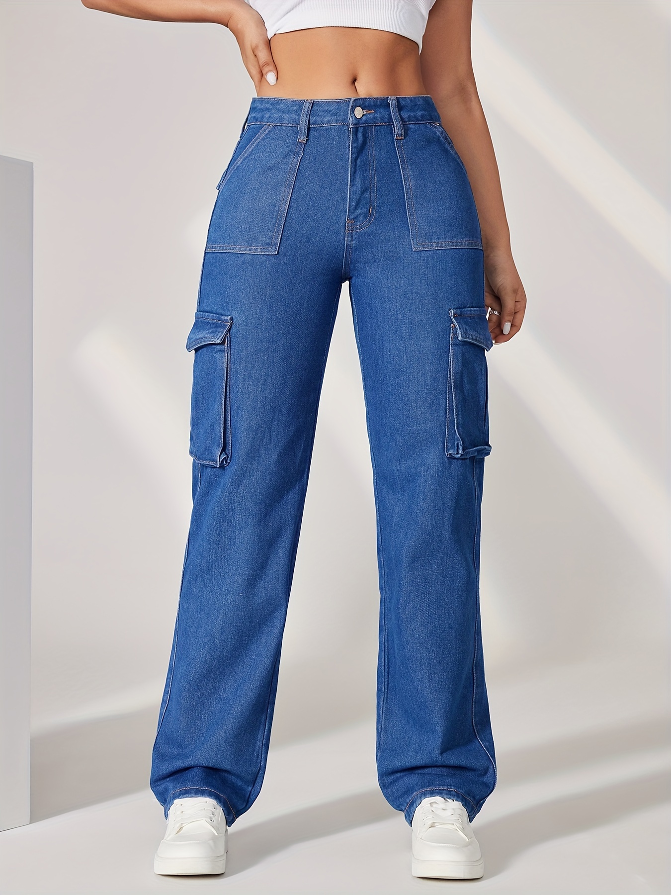 Calça Cargo Jeans Perna Reta com Multi bolsos