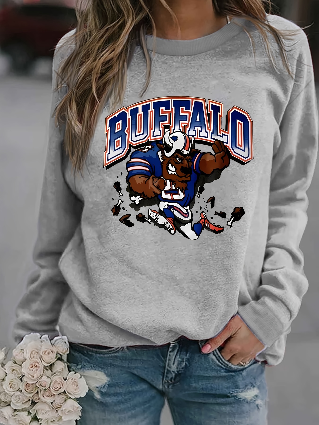 Buffalo Bills Print Sweatshirt Casual Long Sleeve Crew Neck Sweatshirt Womens  Clothing - Women's Clothing - Temu