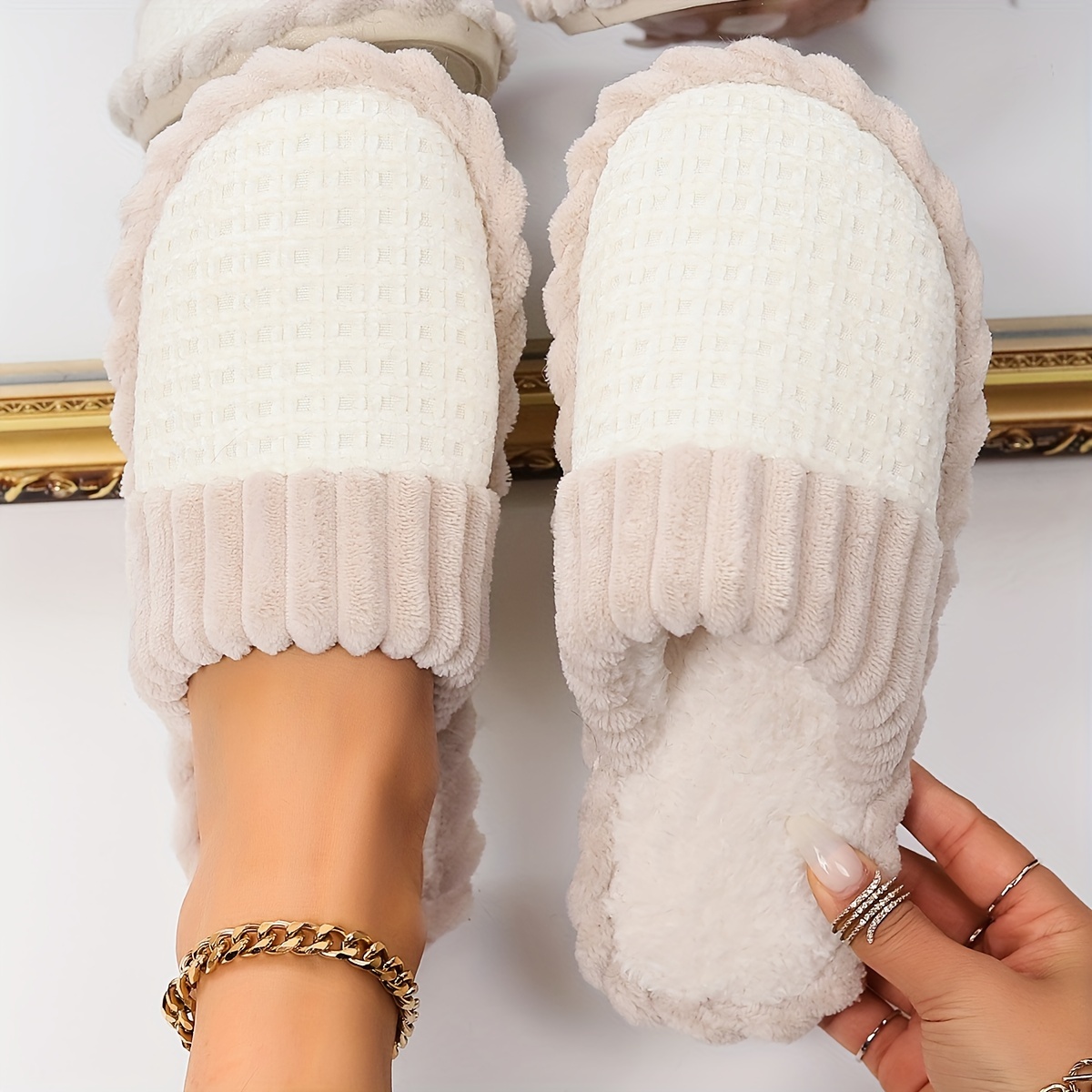 winter plush slippers two tone cozy warm closed toe soft
