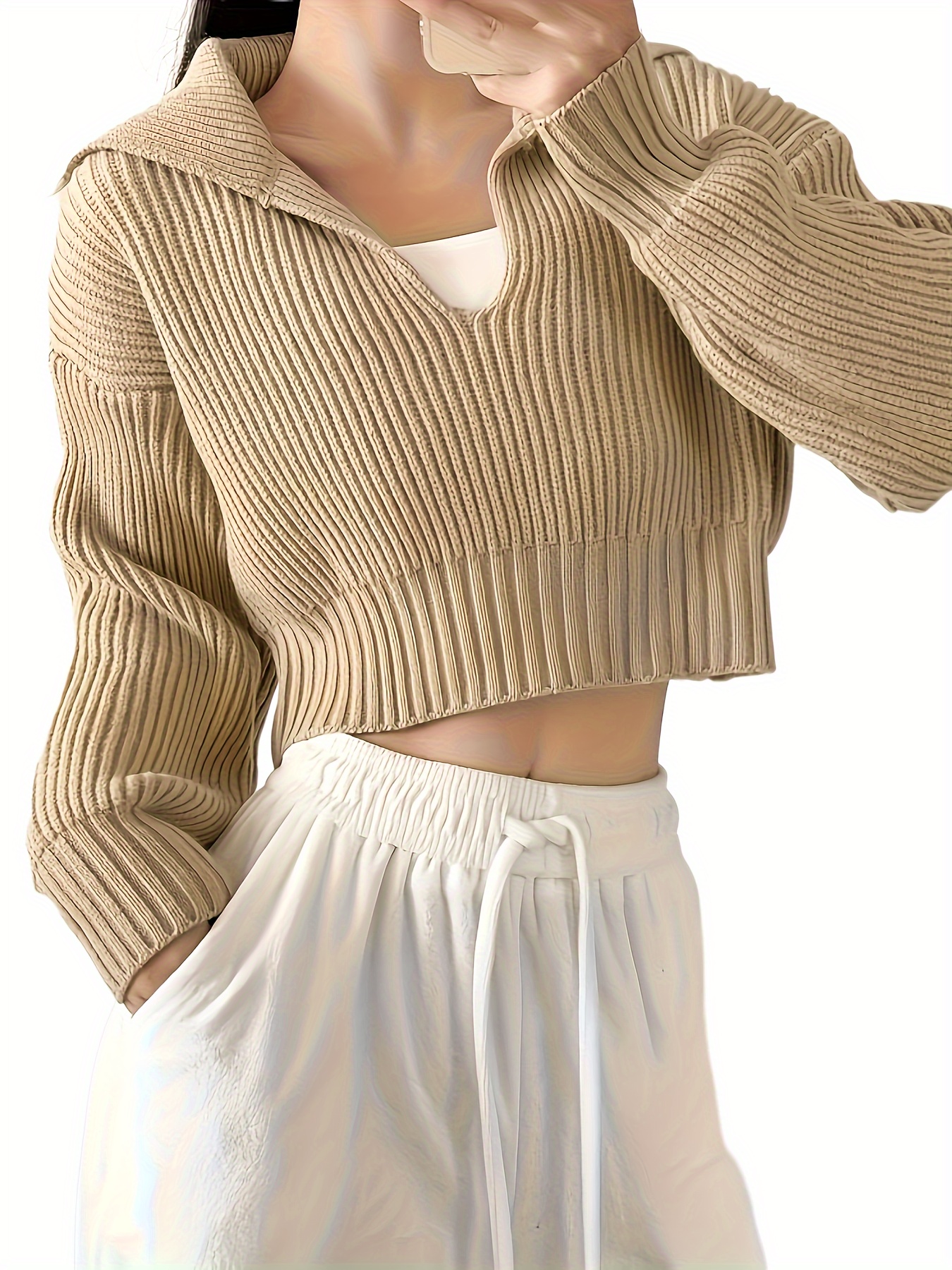 Solid Crop Rib Knit Sweater, Casual Long Sleeve V Neck Sweater