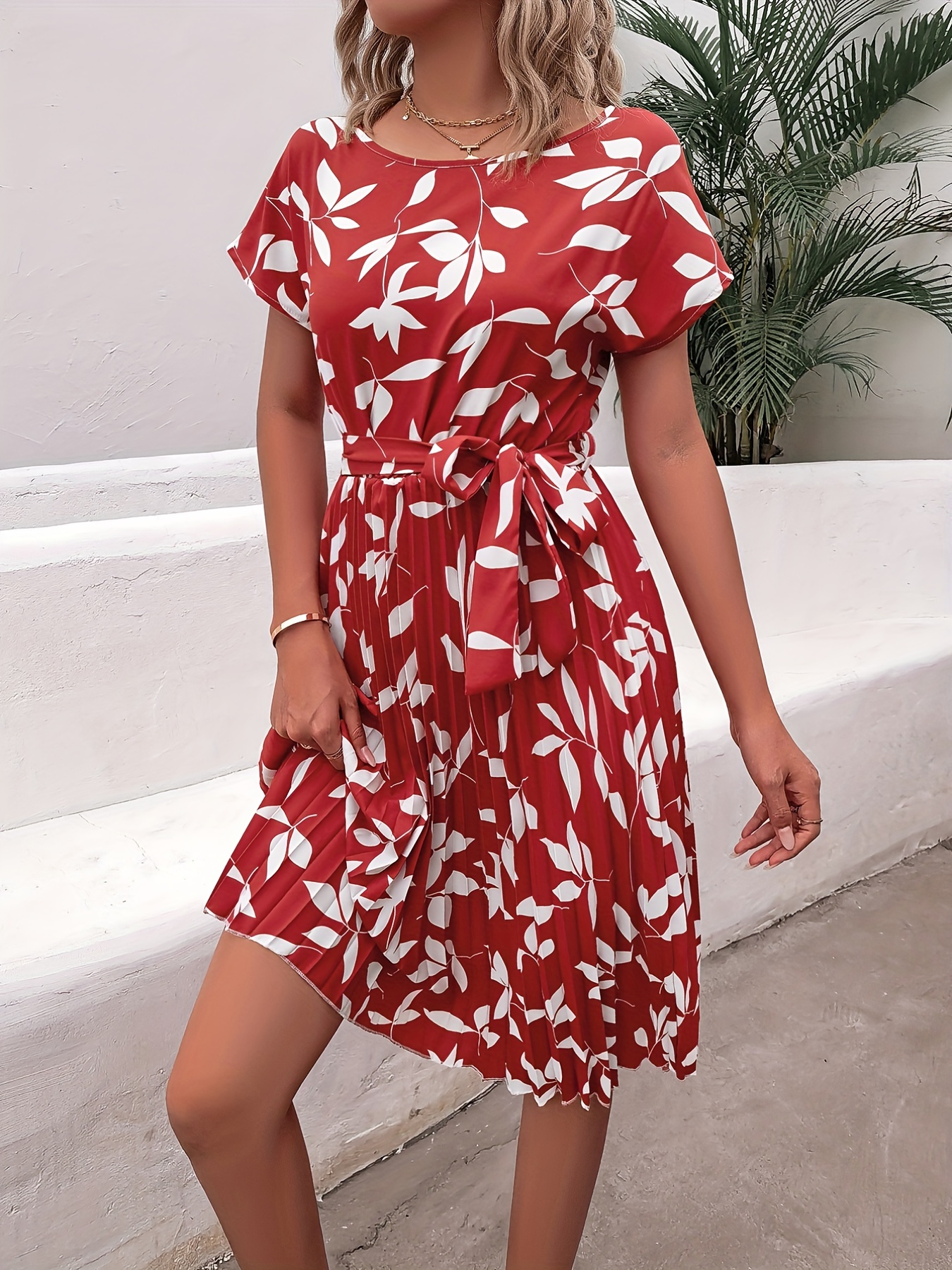 Ditsy Floral Print Belted Dress Short Sleeve Casual Every - Temu