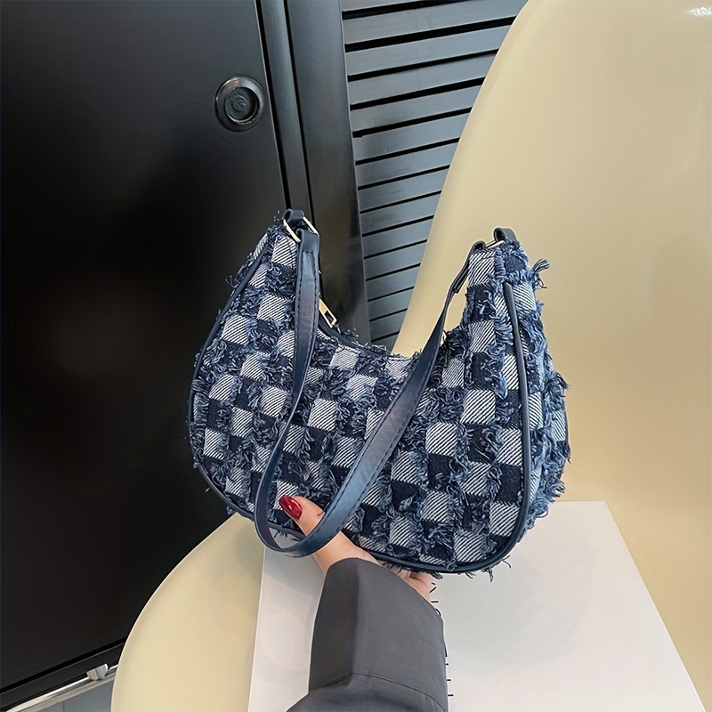 Vintage Denim Checkered Crescent Bag Fashion Simple Underarm Bag