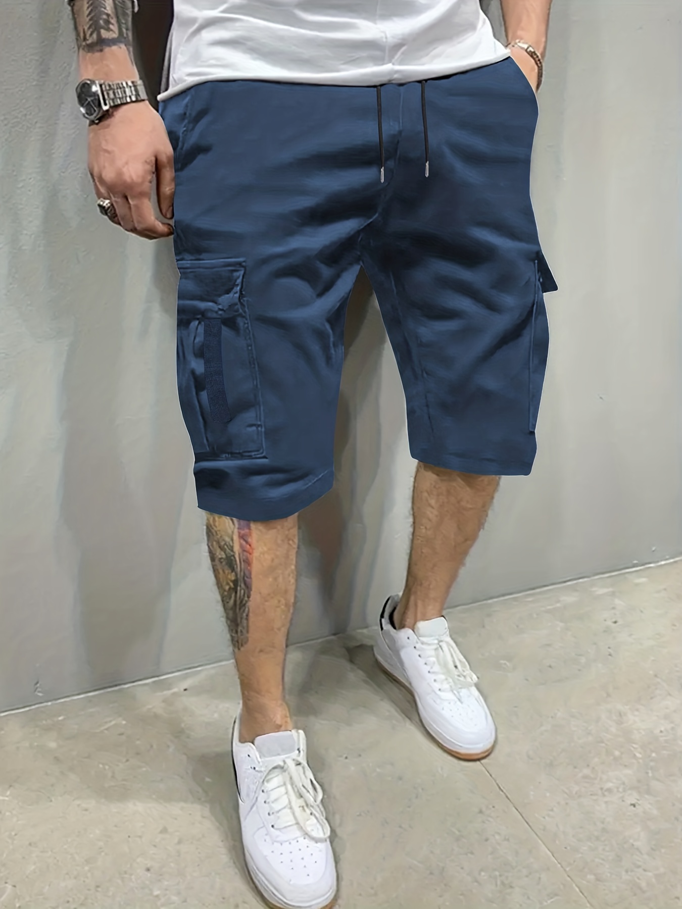 Solid Color Men's Drawstring Cargo Short Pants Flap Pocket - Temu