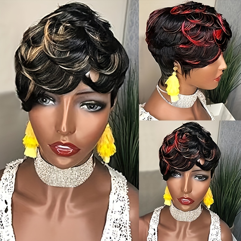Brazilian Remy Human Hair Curly Wave Pixie Cut Wig Side Part - Temu