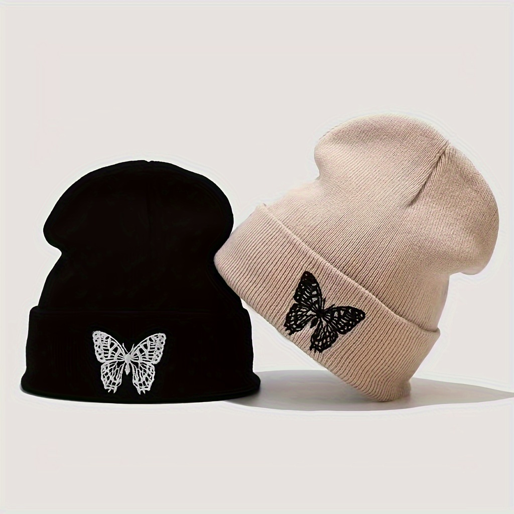 

Butterfly Embroidery Couple Beanie Solid Color Unisex Warm Knitted Hat Lightweight Elastic Skull Cap Outdoor Windproof Knit Hats For Cycling Skiing