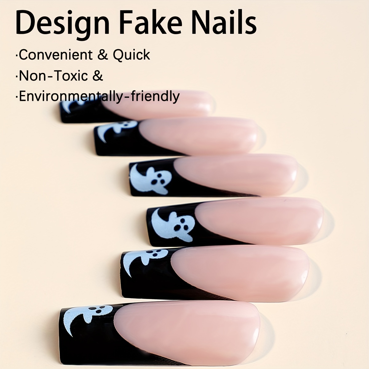 Glossy Long Square Fake Nails Black French Tip Press On - Temu