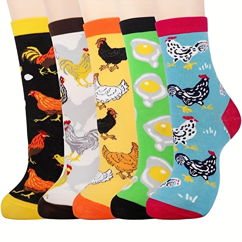 

5 Pairs Chicken Graphic Sporty Crew Socks, Comfort Cotton Mid Calf Socks For Outdoor