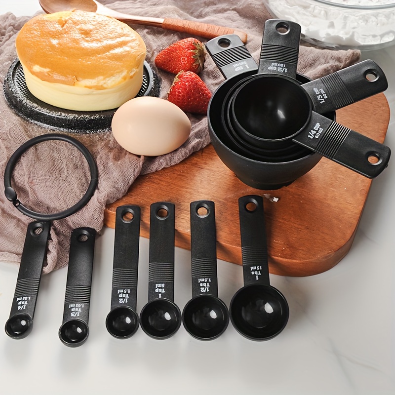 10pcs/set Plastic Black Measuring Cups & Spoons With Scale, 1.25ml