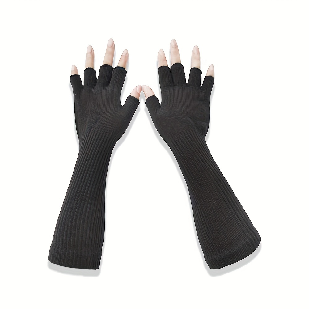 Solid Color Half Finger Gloves Simple Medium Warmer Knit Gloves Vintage Thick Stretchy Fingerless Gloves,Temu