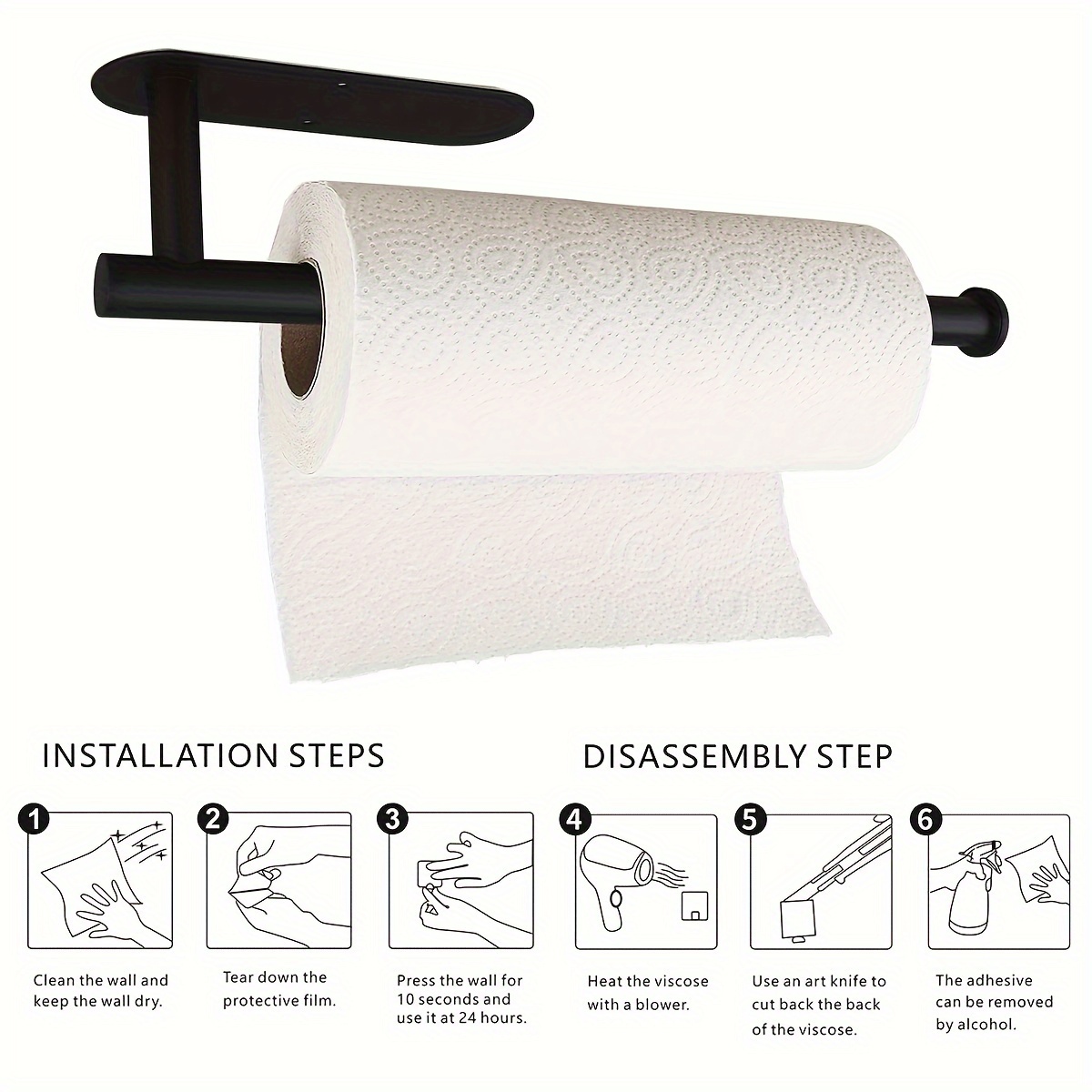 Black Paper Towel Holder Wall Mount - under Cabinet Self Adhesive Paper  Towel Ra