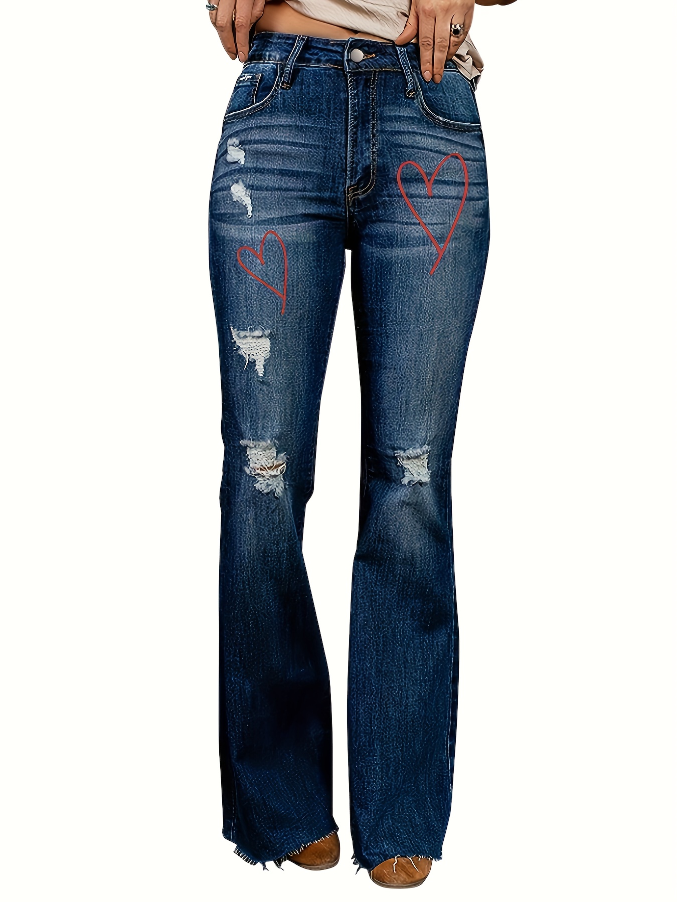 Ripped Hem Stretchy Flare Leg Jeans High Rise Whiskering - Temu Canada