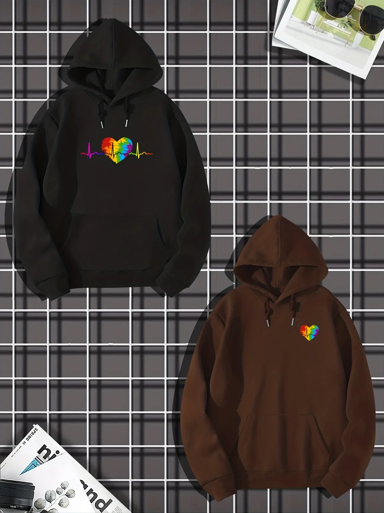 Mens 2pcs Hoodie Outfits Rainbow Heart Print 2pcs Pullover Hooded Sweatshirt  Set For Autumn Winter Mens Clothing, 24/7 Customer Service
