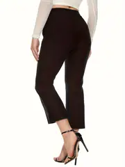 plus size casual pants womens plus solid elastic high rise slight stretch split hem crop flared leg trousers details 0