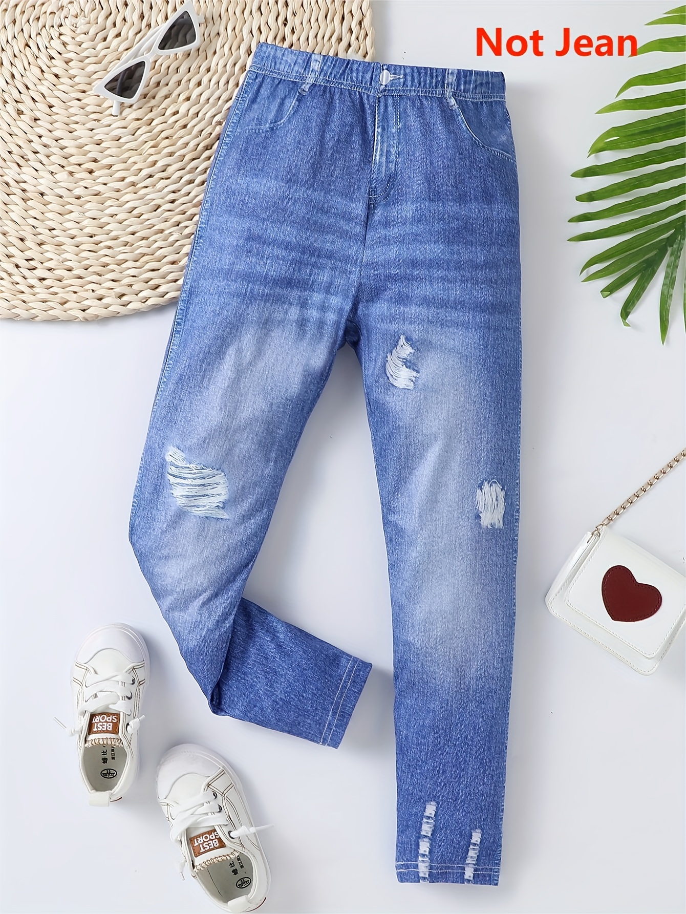 Girls Stretch Ripped Imitation Denim Print Allover Print Jeans High Waist  Casual Legging Pants, Kids Botttoms For Spring And Fall