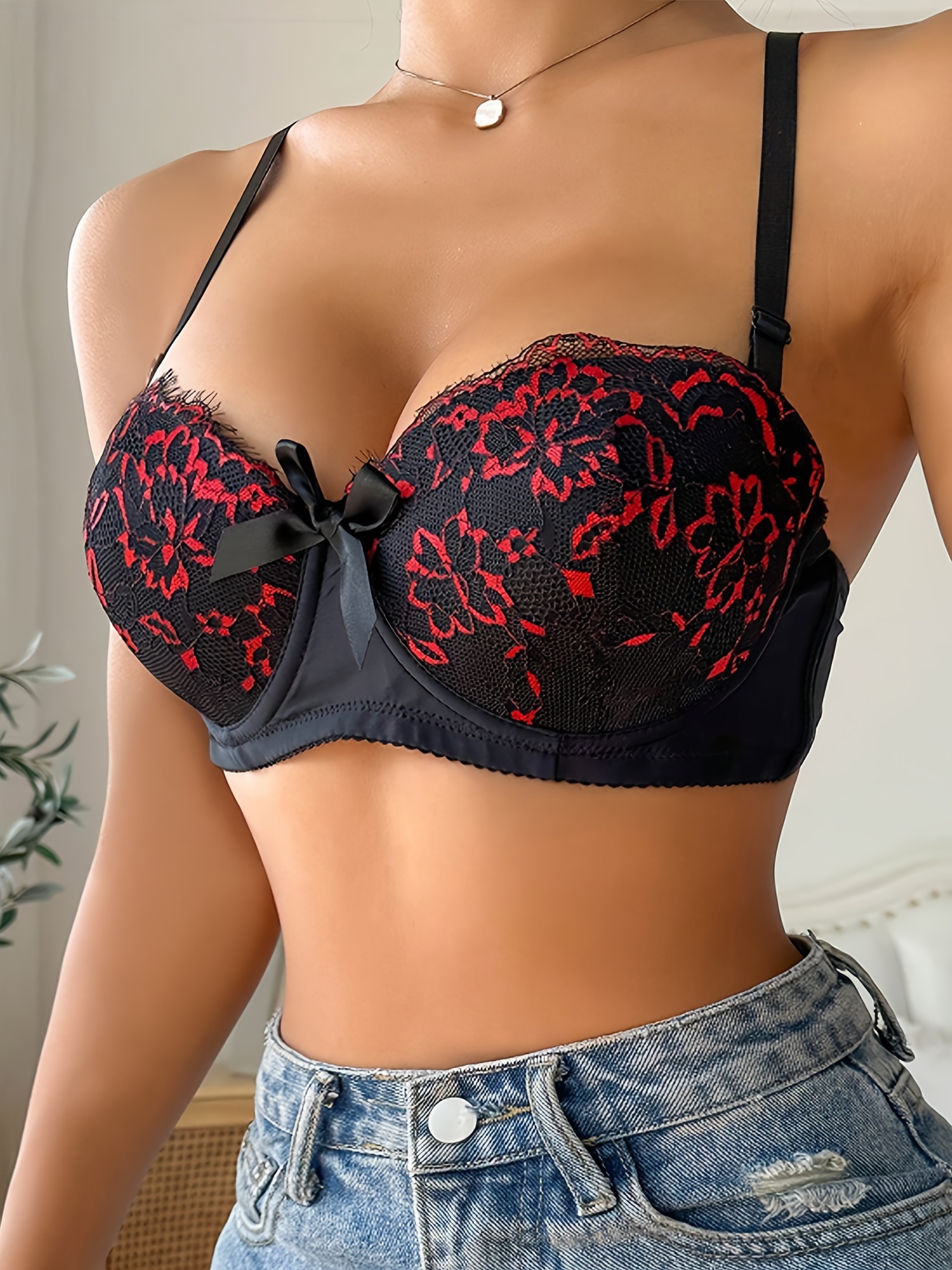 Sexy Floral Lace Bow Knot Decor Plunge Bra Low Cup Underwire - Temu