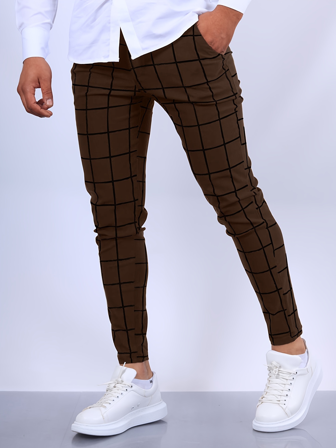 Mens Slim Fit Plaid Checkered Pants Stretch Casual Work Pants Trousers