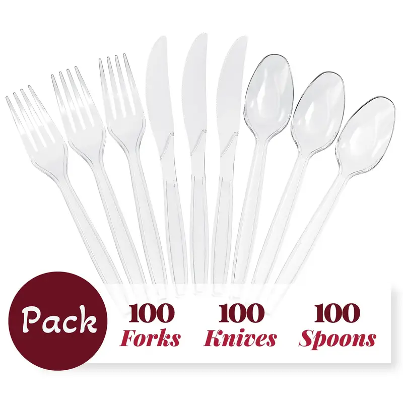 100pcs Pack Disposable Clear Plastic Cutlery Heavy Duty Plastic