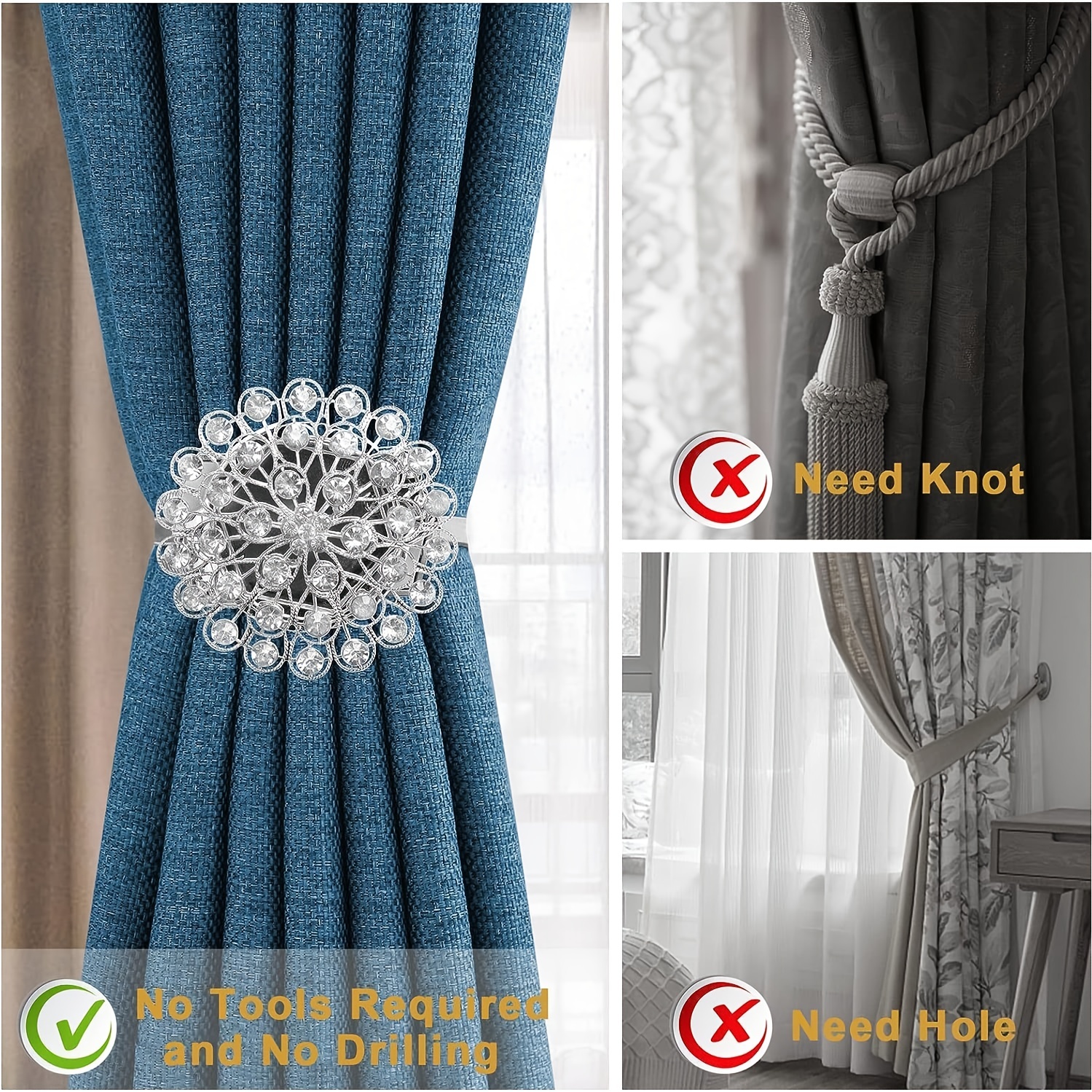 Visland 2PCS Luxury Big Crystal Magnetic Curtain Tieback Flower Curtain  Clips Buckle with Stretchy Wire Rope for Home Office Decoration 