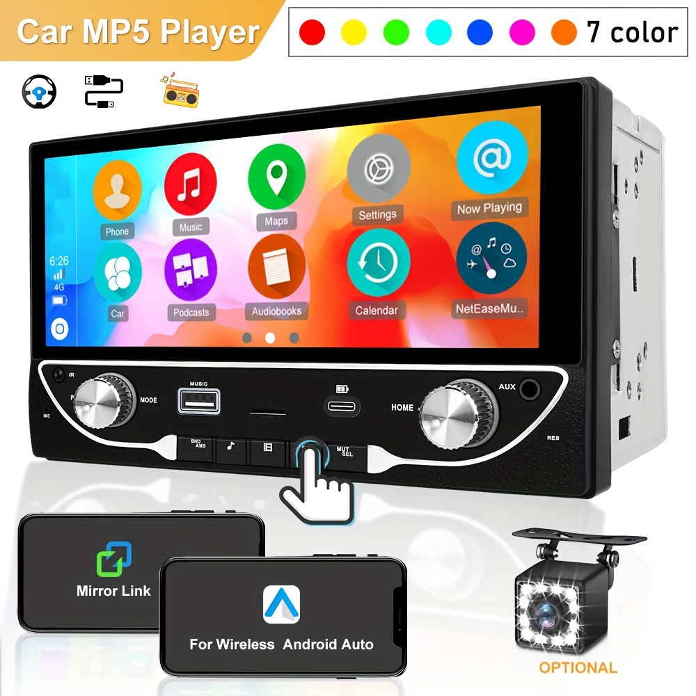Hikity Apple Carplay Radio de Coche 1 DIN Autoradio Bluetooth 7 Pulgadas  Pantalla Táctil Estéreo del Coche con FM Enlace Espejo Android Auto SD USB