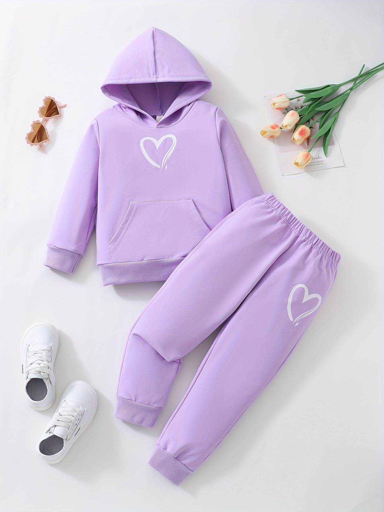 Girls 2pcs Heart Print Hooded Top & Heart Graphic Jogger Pants Set, Comfy  Set Girls' Sets For Gift, Sports