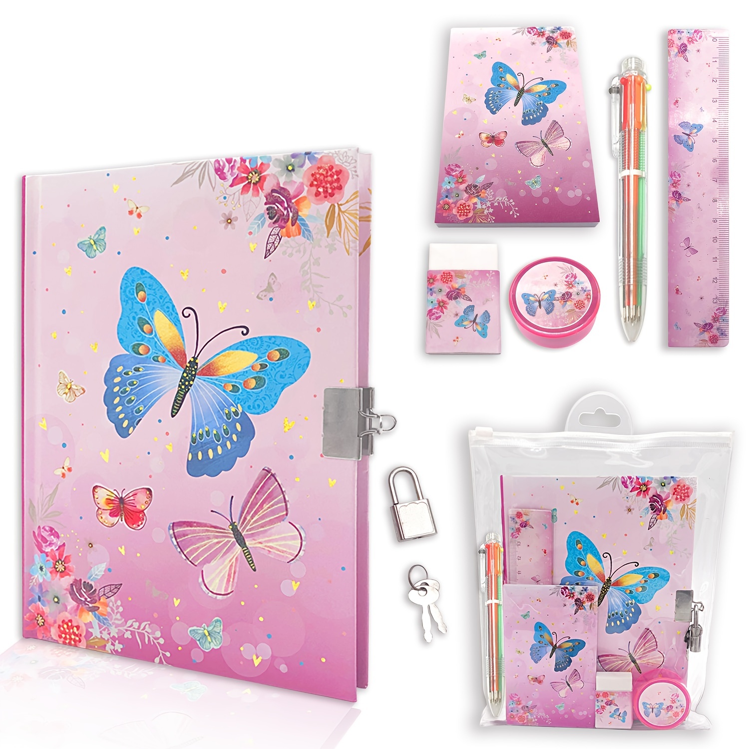 GINMLYDA Girls Diary with Lock, Kids Journal Stationary Set for Preschool Teen Learning Writing Drawing Age 6,8,10,12 Years Butterfly Gif