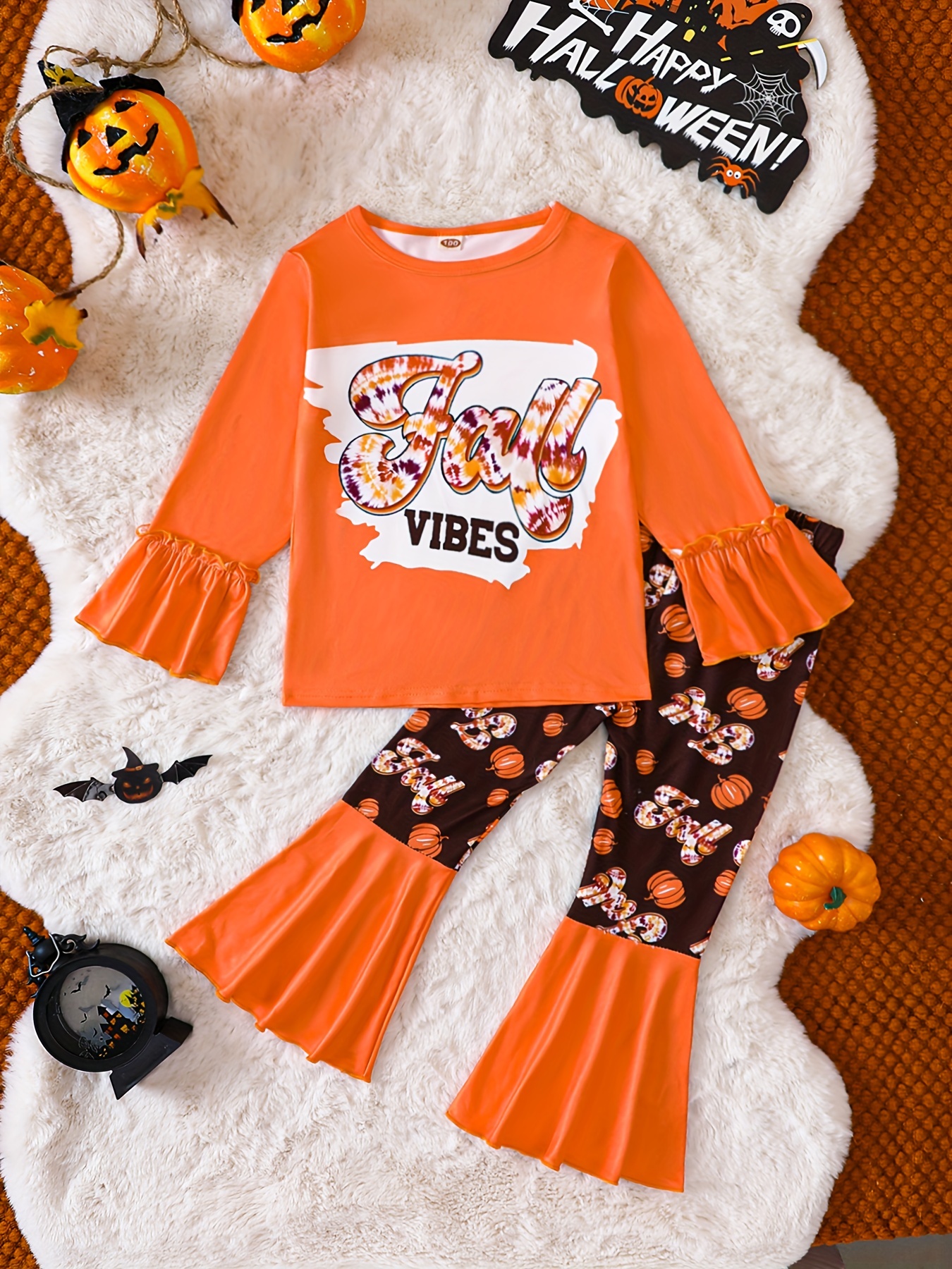 Halloween Girl Print Pullover + Pumpkin Graphic Flare Pants - Temu