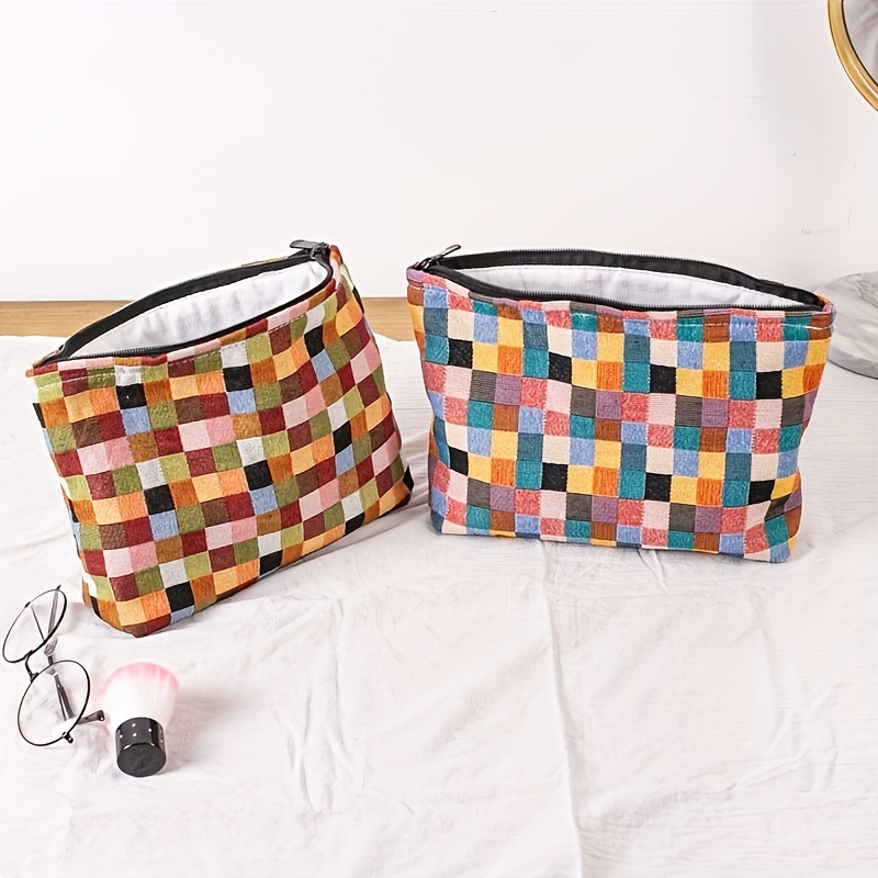 Solid Color Checkerboard Pattern Makeup Bag, All-match Zipper Cosmetic Bag,  Travel Storage Bag - Temu