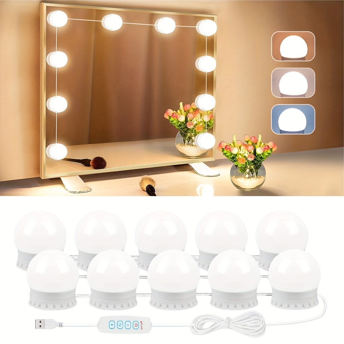 Vanity Mirror LED Light - Dimmable, 4 Lighting Colors, 5 Brightness Levels,  Stick-On Bulbs, USB Connection, Retractable Wire for Easy Installation.