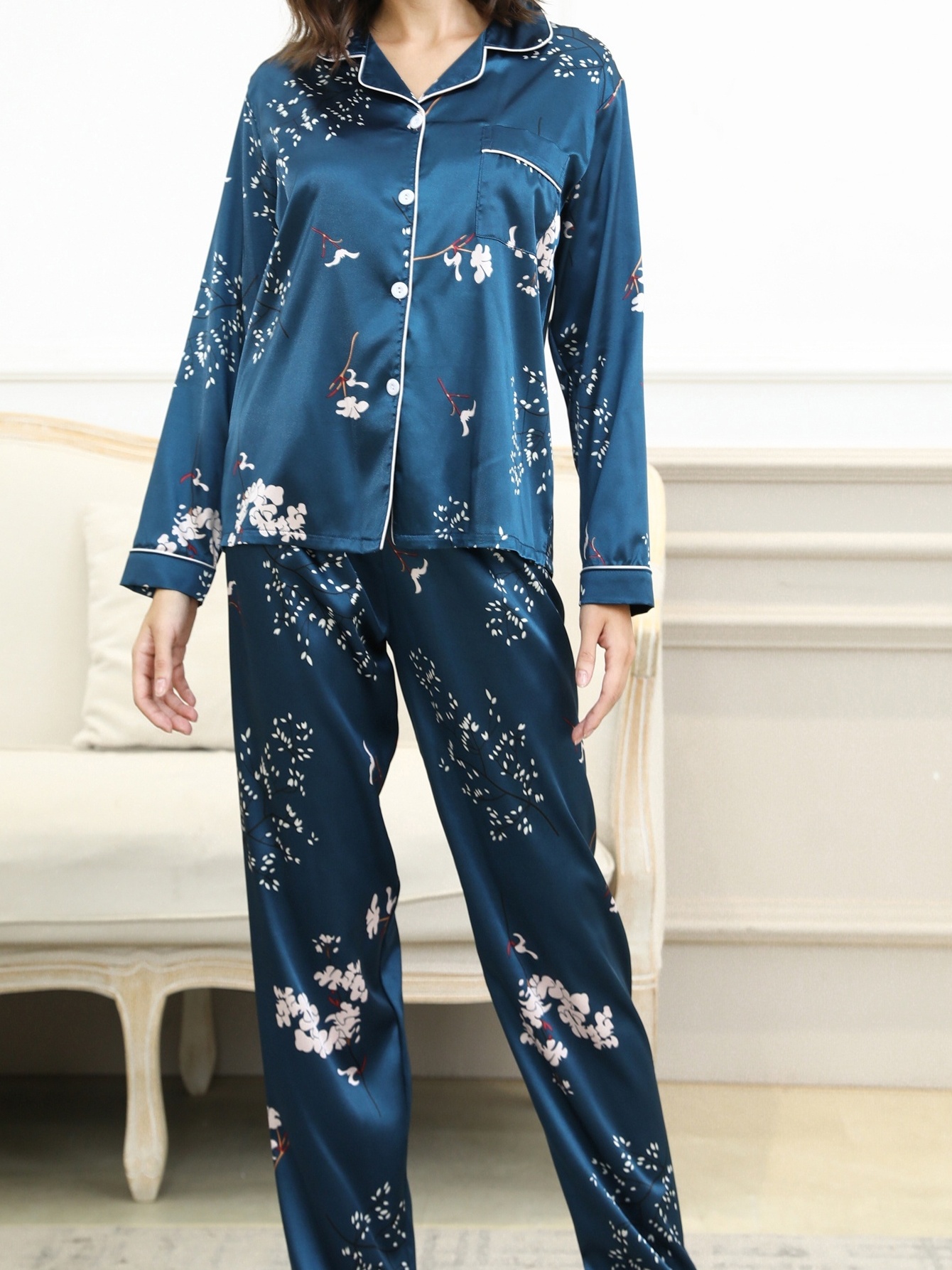 Elegant Floral Print Pajama Set Short Sleeve Sleepwear Long - Temu