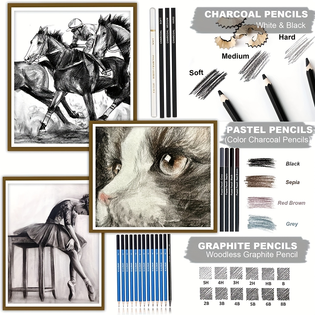 Drawdart Art Supplies Drawing Pencils Set - 76 Pack Pro Sketching Kit with  Sketchbook & Watercolor Pad, Includes Graphite, Charcoal, Watercolor 