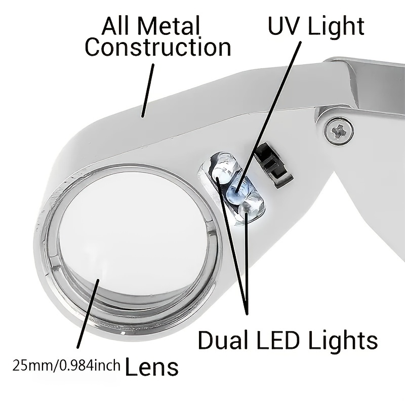 Jewelry Loupe Magnifier 40X, Full Metal Illuminated Magnifying Glass with LED Light, Pocket Folding Jewelers Eye Loupe for Diamonds, Coins, Stamps(