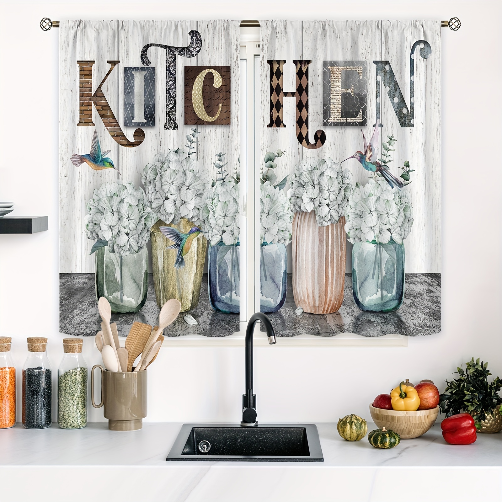 Hand Painted Floral Semi blackout Kitchen Short Curtains - Temu