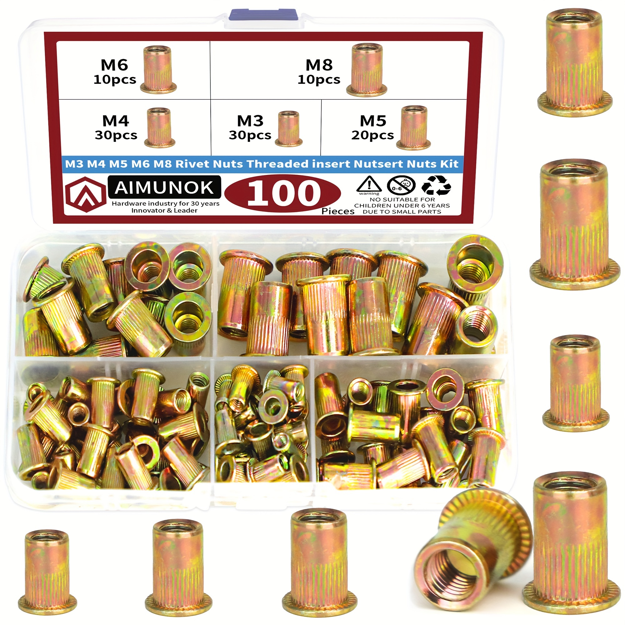 100pcs Heavy Duty Color Zinc Plated Carbon Steel Rivet Nut Kit - M3, M4, M5, M6, M8 Metric Assortment with Knurled Body